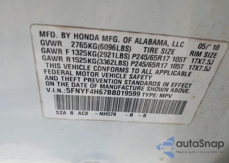 2011 Honda Pilot Ex-L z USA, uszkodzony, nr VIN 5FNYF4H67BB019599